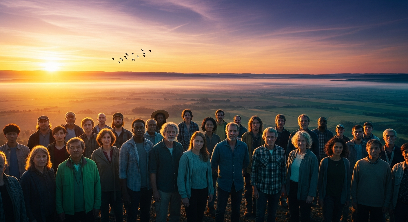 Community overlooking farmland valley at sunset