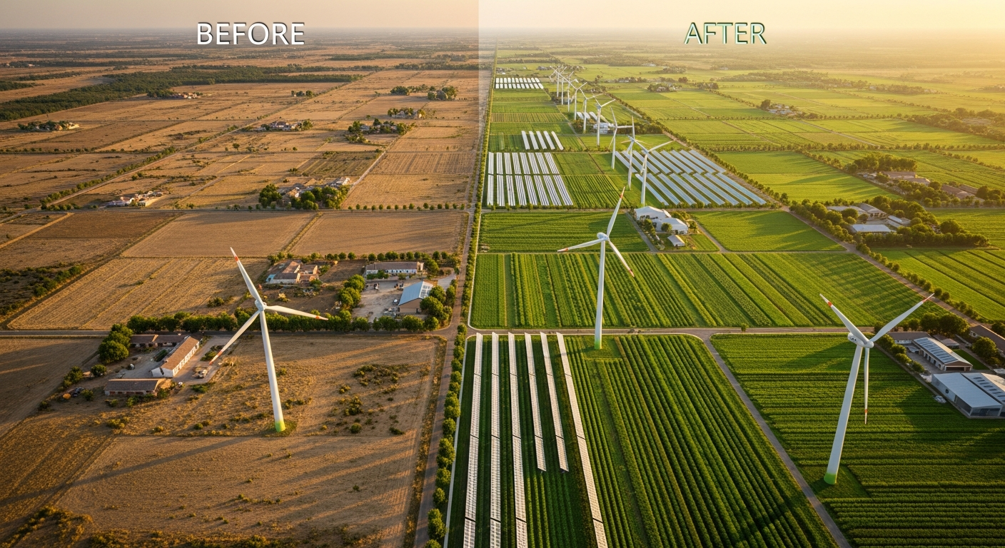 Aerial view of sustainable farmland representing impact